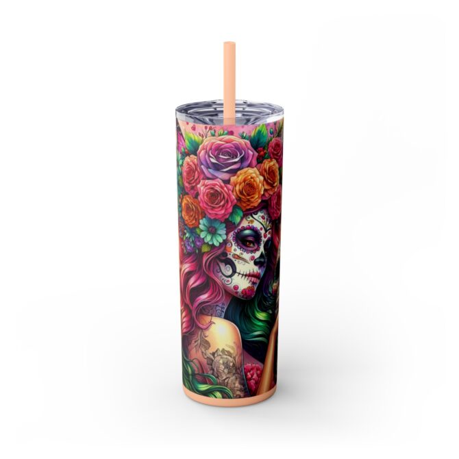 Sugar Skull Skinny Tumbler with Straw, 20oz