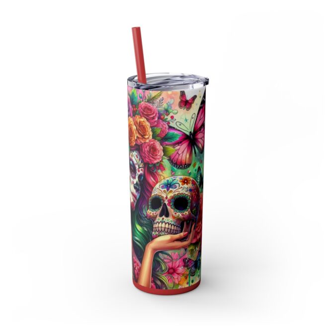 Sugar Skull Skinny Tumbler with Straw, 20oz