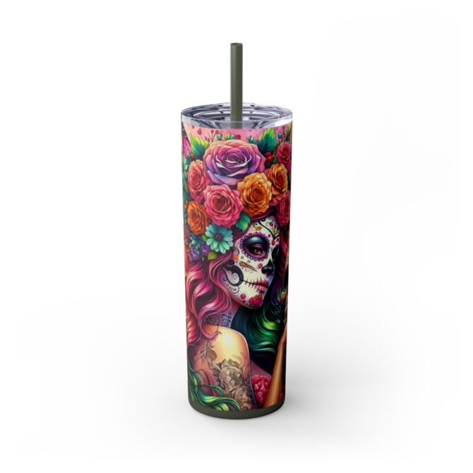 Sugar Skull Skinny Tumbler with Straw, 20oz