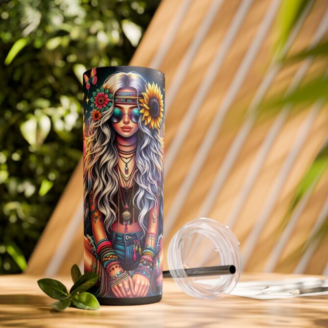 Hippy Girl Skinny Tumbler with Straw, 20oz